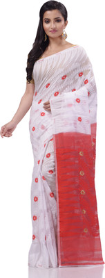 TANTLOOM Woven Jamdani Handloom Pure Cotton Saree(White, Red)