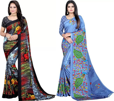 Leelavati Printed Bollywood Crepe Saree(Pack of 2, Multicolor, Grey)