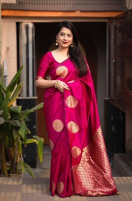 Bansari Textiles Applique, Self Design, Printed, Striped Kanjivaram Art Silk, Jacquard Saree(Pink)