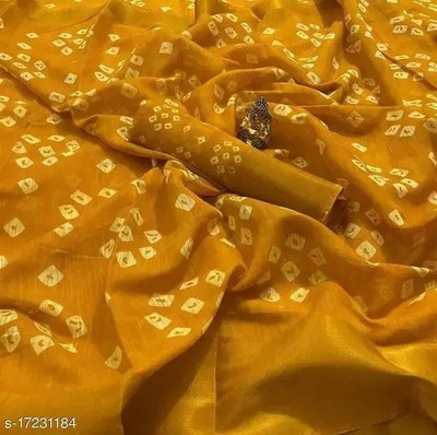 Grubstaker Printed Bandhani Cotton Linen Saree(Yellow)