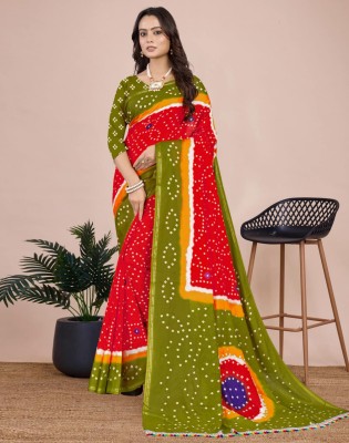 Divastri Embellished, Floral Print Bandhani Pure Cotton Saree(Red, Green)