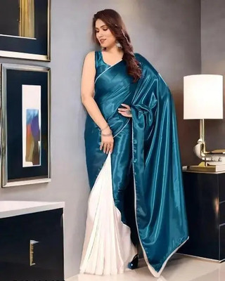 PaLkAaNo Solid/Plain Bollywood Satin Saree(Light Blue)