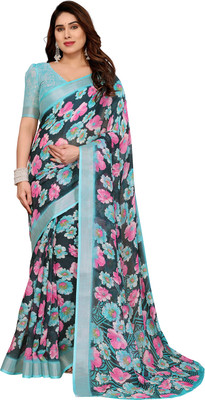 Moda Rapido Printed Bollywood Cotton Blend, Linen Saree(Blue)