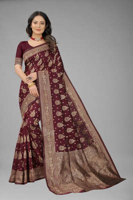 Pdfabrics Self Design Banarasi Jacquard Saree(Brown)