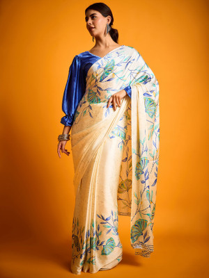 Divastri Printed Daily Wear Satin Saree(Cream)