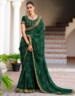 Tasrika Printed, Embroidered, Embellished Bandhani Chiffon, Georgette Saree(Green)