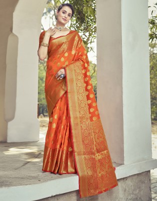 Samah Woven, Embellished, Self Design Banarasi Silk Blend, Jacquard Saree(Orange, Gold)