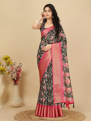 J6 Designers Floral Print Madhubani Art Silk Saree(Black)