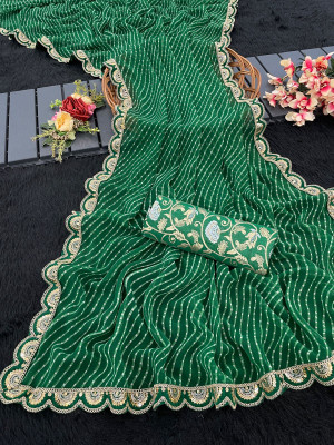 BHAGYAVATI DESIGNER Graphic Print, Embellished Leheria Georgette Saree(Green)