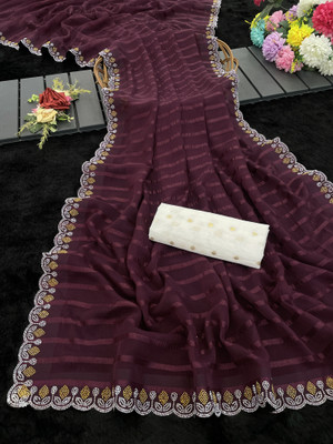 REDFISH Striped Bollywood Georgette Saree(Maroon)