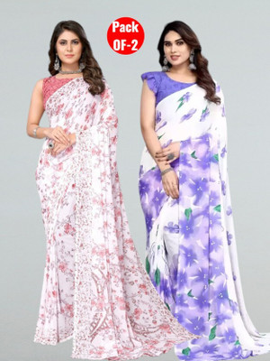 Falessa Floral Print, Printed Bollywood Georgette Saree(Pack of 2, White, Purple)