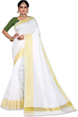 Meraru Solid/Plain Kasavu Cotton Silk Saree(White, Light Green)