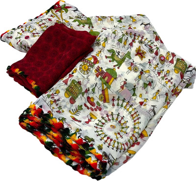 Aadimam Creation Printed Bollywood Art Silk Saree(White, Red, Multicolor)