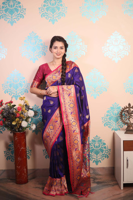 all about you Embroidered Paithani Silk Blend Saree(Purple)