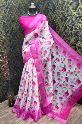 KHANUDI Digital Print Kanjivaram Cotton Linen Saree(Multicolor)