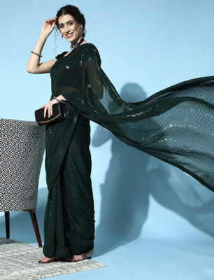 ALAMPAR Solid/Plain Bollywood Georgette Saree(Black)