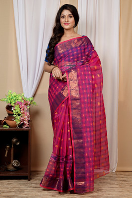 DipDiya Checkered Tant Pure Cotton Saree(Pink)