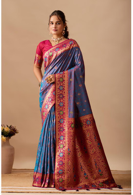 Kathavastra Floral Print, Woven Banarasi Silk Blend Saree(Blue)