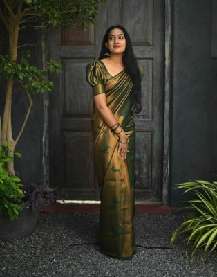 SGF11 Woven Kanjivaram Pure Silk, Art Silk Saree(Dark Green)