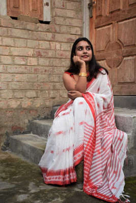 GaurabHandloom Self Design Handloom Cotton Blend Saree(White)