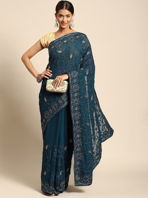 ANOUK Embroidered Chanderi Georgette Saree(Blue)