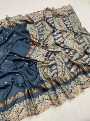 DIUU Floral Print, Printed Daily Wear Cotton Linen, Linen Saree(Dark Blue)