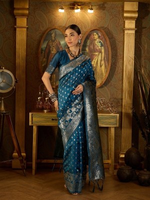 Dori Woven, Self Design Banarasi Silk Blend Saree(Blue)