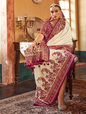 ANOUK Printed Banarasi Silk Blend Saree(Cream)