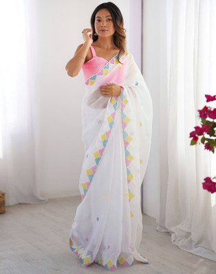 SIRIL Embellished, Embroidered Bollywood Chiffon Saree(White)