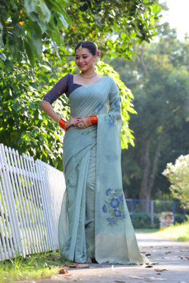 Tasrika Woven Banarasi Cotton Silk Saree(Light Blue)