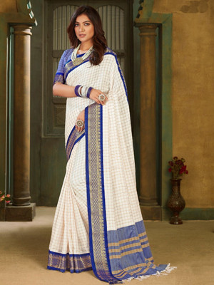 HouseOfCommon Woven, Checkered, Embellished, Self Design Daily Wear Jacquard, Cotton Silk Saree(White, Blue)