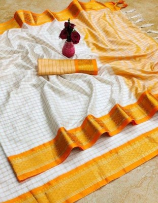 EN Creation Checkered, Embellished, Self Design, Woven Chettinadu Cotton Silk, Pure Silk Saree(Yellow, White)