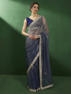Sangria Embellished Bollywood Lycra Blend Saree(Blue)