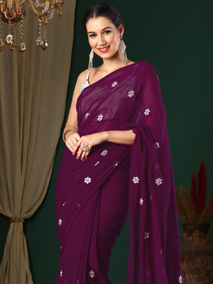 ANOUK Embroidered Banarasi Georgette Saree(Purple)