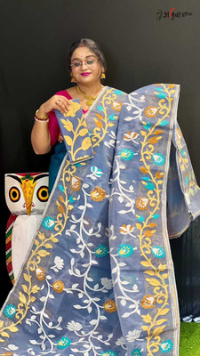 SP Boutique Woven Jamdani Cotton Silk Saree(Blue, Grey)