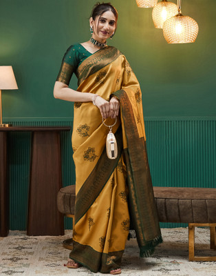 Samah Woven, Embellished Banarasi Silk Blend Saree(Yellow, Green, Mustard)