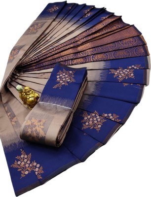 PRIHAL ART Woven Kanjivaram Cotton Silk Saree(Blue, Beige)