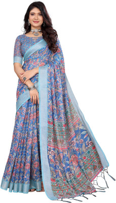 Priyashi Printed, Floral Print Mysore Cotton Silk Saree(Blue)