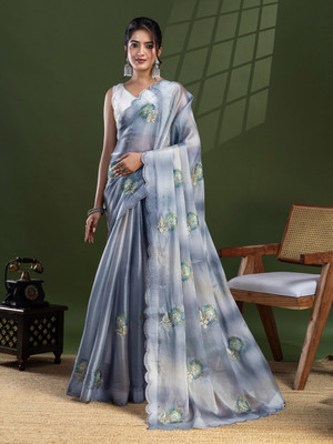 Tasrika Floral Print Bollywood Organza Saree(Blue)