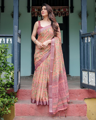 Bansari Textiles Printed Bollywood Cotton Linen Saree(Beige)