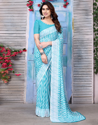 SIRIL Geometric Print, Printed Daily Wear Georgette Saree(Blue, White)