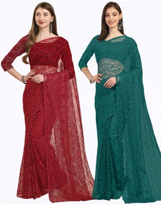 IRIS Embellished Bollywood Net Saree(Pack of 2, Maroon, Green)