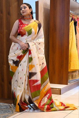 Divastri Blocked Printed, Printed Chanderi Cotton Blend Saree(White)