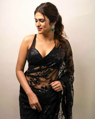 TRENDZ APPARELS Striped, Applique Bollywood Net Saree(Black)