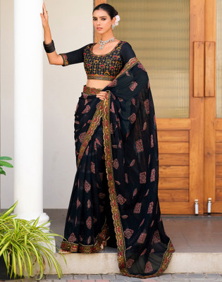 Satrani Embellished, Self Design Bandhani Georgette Saree(Black)