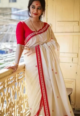 nebadita Woven Tant Pure Cotton Saree(White, Red)
