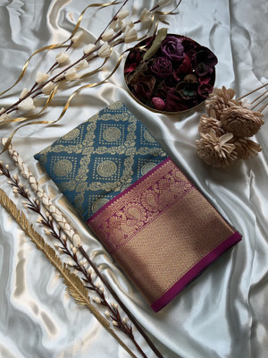 PENNINSWAG Woven Kanjivaram Silk Blend Saree(Dark Blue, Magenta)