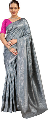 Pranjal Woven Banarasi Silk Blend Saree(Grey)