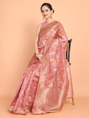 KAZIA Woven, Embellished, Floral Print, Geometric Print Banarasi Silk Blend Saree(Pink)