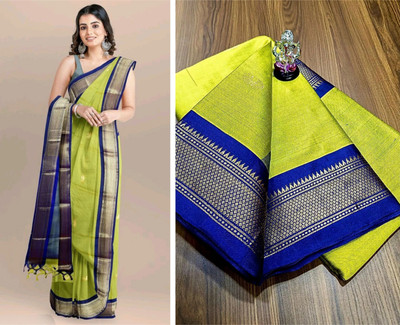 ns collection Applique Paithani Cotton Silk Saree(Yellow)
